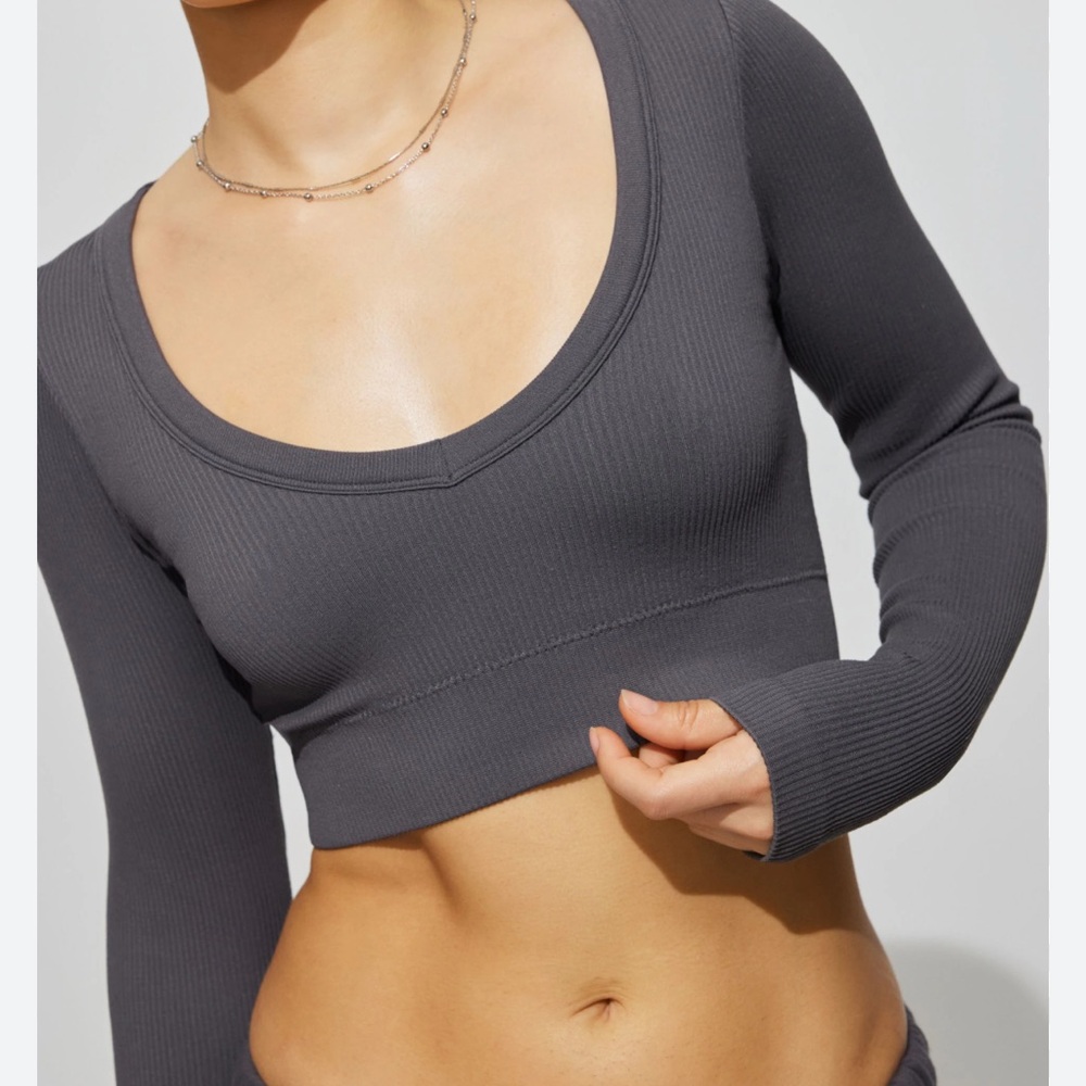 Garage Gray Ribbed Long Sleeve Crop Top